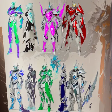 there are many different colored images of a robot and a robot, colored concept art, sliver ice color reflected armor, concept armor, armored units, arcane colors, detailed full body concept art, wretched and corrupted knights, clothed in ethereal battle a...