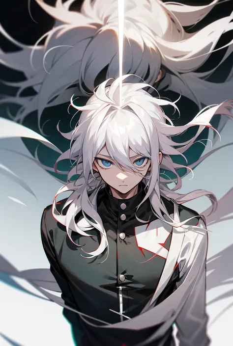 Anime style image of a man with long white hair and a black shirt., Nagito Komaeda, Detailed anime character art, Él tiene Gray hair oscuro., white hair, a silver hair mad, Gray hair, Handsome boy in Demon Slayer art, male anime character, handsome anime m...