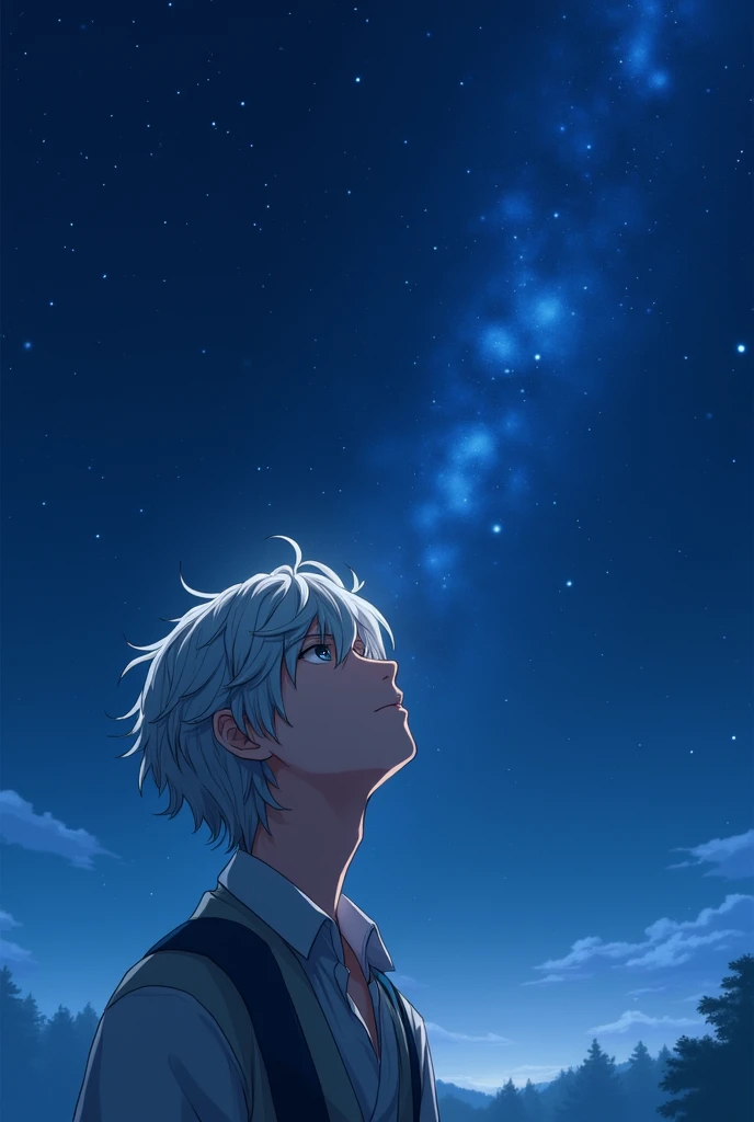 Young man looking up at the starry sky。beautiful。Anime Style。The prince dressed as a villager。Hair is silver。Hair blowing in the wind。Short hair that covers the eyes。