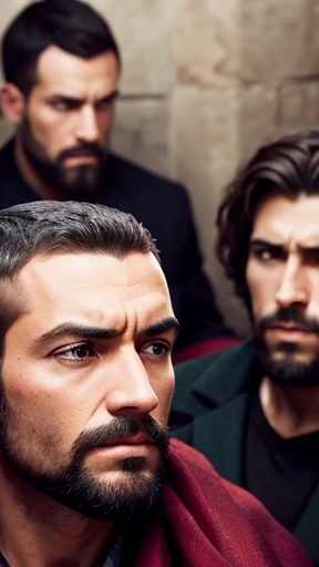 A group of short-haired Judas men gathered together focus on the face