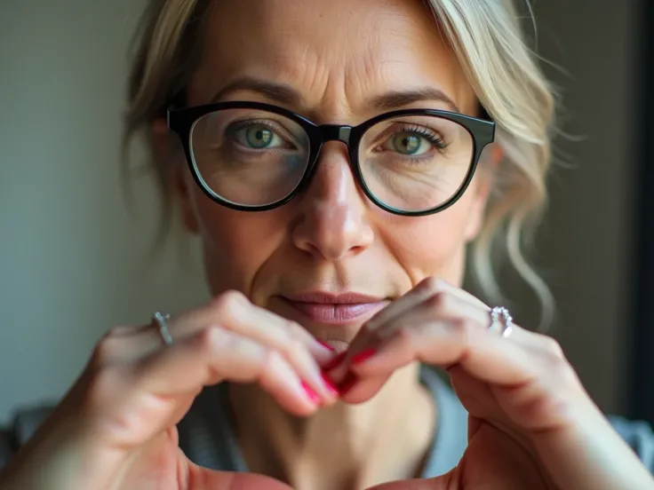 Mature woman wears eyeglasses looking at camera through joined fingers showing heart symbol, close up. Advertises eyewear store, laser vision correction, health check-up, cardio vitamins, sign of love