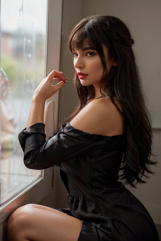 side profile of a pretty maiden with long wavy black hair(she has bangs on the side of her face) she is looking through a window(the window has rain drops all over) she rests her hand on the window. the maiden is tanned and has full lips(she has red lipsti...