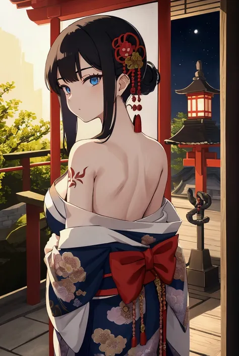 Midnight Visit to the Shrine,Japanese text,masterpiece, Best Quality, Best Quality, Official Art, beautifully、aesthetic:1.2),One girl, dragon tattoo, Alone, kimono, gold and white kimono, Hair accessories, unsheathing, Black Hair, sheath, back tattoo, drag...