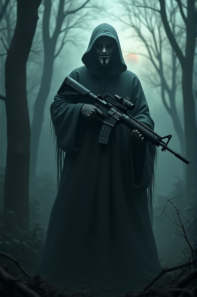 The men with mask ghost. On the hands man gun m416 . Backround forest sun cludy