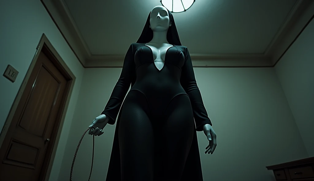 sexy white mannequin, wearing sexy black nun clothes, in a abandoned bedroom, closed door, at an abandoned building, eerie feeling, horror, white faceless face, faceless, mannequin girl, seductive, cleavage, thigh, sexy, night, pov camera, nighttime, very ...