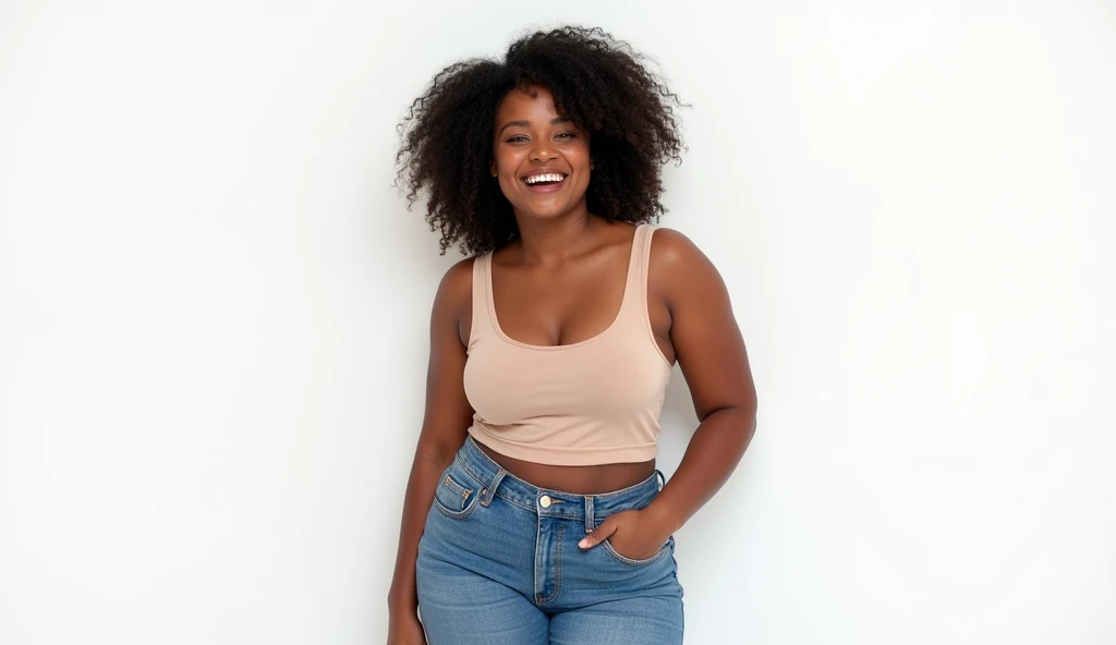 Beautiful young happy African-American body positive woman in tight jeans on white background