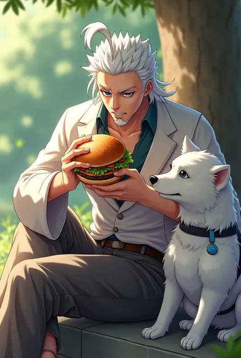 Gojo eating a burger with a white dog 