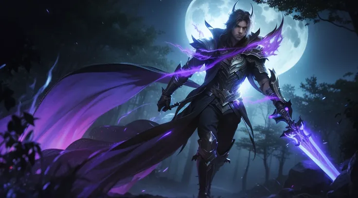 The image portrays a strikingly handsome man, standing alone in a dimly lit forest, illuminated by the ethereal glow of a full moon. Clad in dark armor and a flowing cape, he exudes an air of mystery and power. The mans features are sharp and defined, and ...