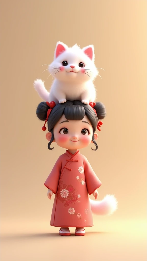 A cute，A pink and fluffy white cat stands on the head of a young Chinese girl，Wearing traditional Chinese Hanfu，Smiling and looking at the camera。Cat is round，The background is a simple，Pure beige。This image has a 3D rendering style，Pixar-style aesthetic，W...