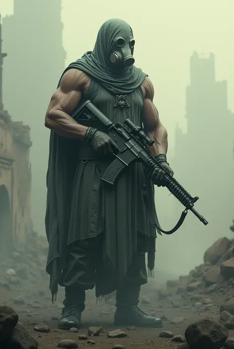 Morpheus from mythology with a rifle wearing a gas mask