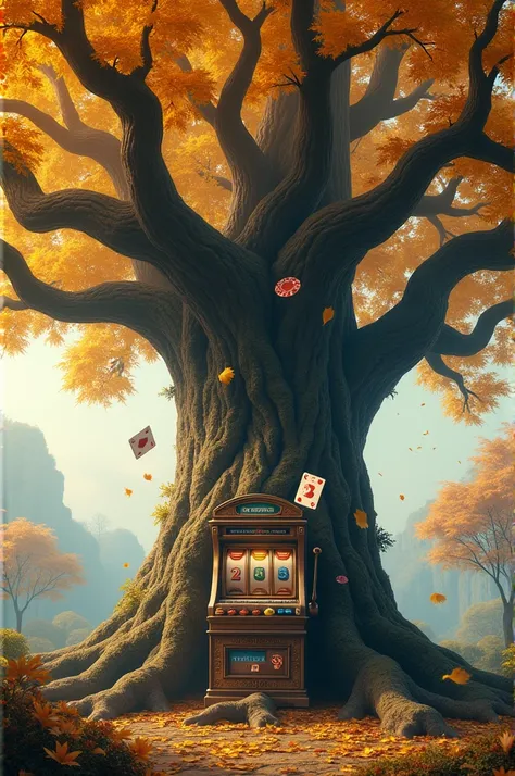 I want a big tree with yellow leaves, at the base of the tree, intertwined with the roots, a square slot machine and on the branches, playing cards and poker chips