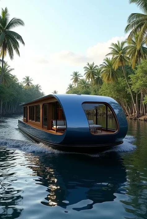 a short luxury river barge, colored with a blue focus, black and wood. The boat will have a bay window on the sides . Sailing on the Pangalanes Canal in Madagascar, the landscape will consist of dense forests, of mangroves and palm trees. The boat will be ...