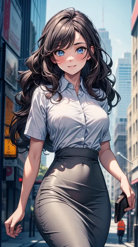 ((((masterpiece, best quality, high detail)))), beautiful business woman (walking), bright blue eyes, shy, full-face blush, smile, solo focus,, long ((wavy hair)), ((dark brown hair)), hairpin, ((white button shirt short sleeves)), ((gray midi pencil ((ski...