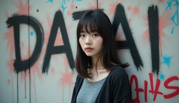 Tokyo street, Japanese female model in her 20s posing in front of a wall with graffiti saying DAZAI, real photo, ultra high resolution, 4K