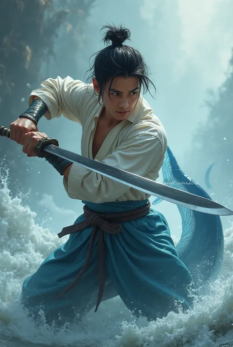 Young guy, korean, holding daggers, with shark tail, water powers