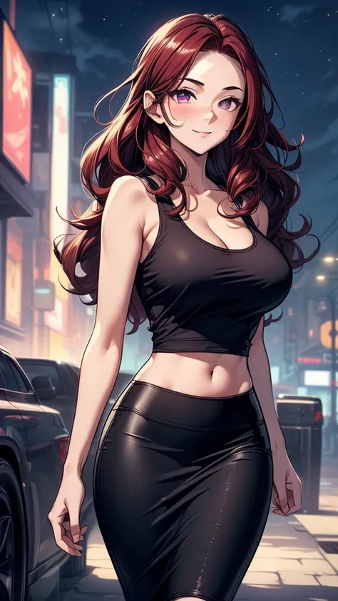 ((((masterpiece, best quality, high detail)))), beautiful woman walking together, bright purple eyes, shy, full-face blush, seductive smile, smirk, smug, laugh, solo focus, ((large breasts)), cleavage, long ((wavy hair)), ((dark red hair)), dark hair, hair...