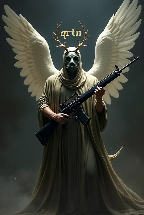 Morpheus from mythology with wings holding a rifle wearing a gas mask Highlight the word "QRTN"