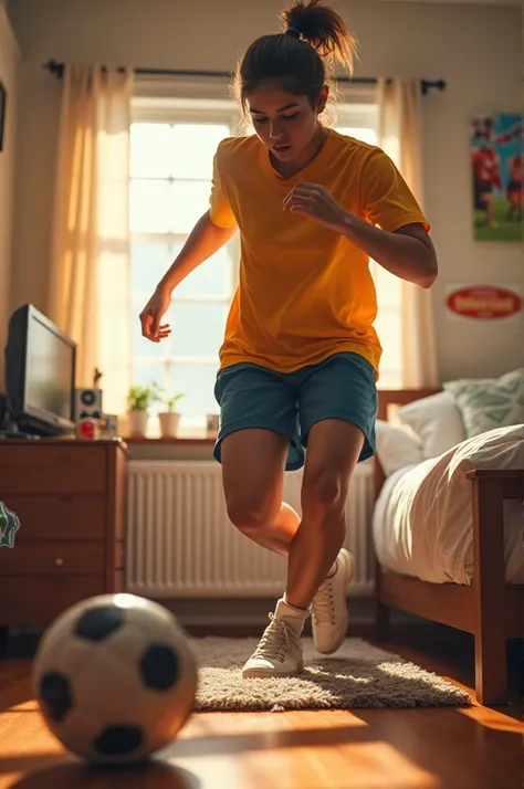 A person playing soccer in the bedroom