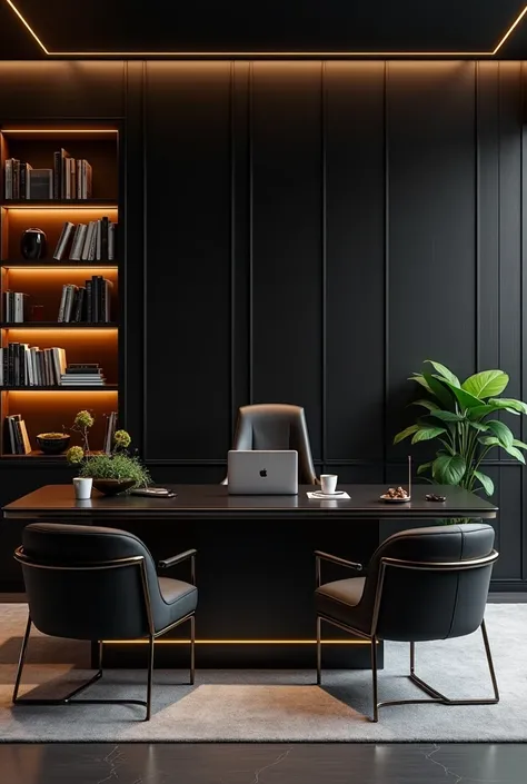 Professional 3d architecture rendering design of modern and minimal and high tech design for manager’s room in office with black brown wooden library with  books and  so elegant  black gold accessories and shiny  elegant black wooden table and  elegant pag...