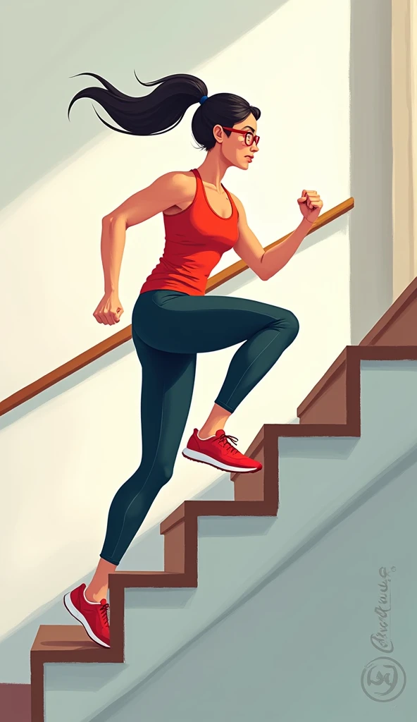 Here is the illustration you requested of a woman with a bun hairstyle and red-framed glasses, working out by going up and down stairs. Let me know if youd like any adjustments!

