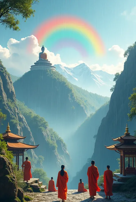 Beautiful mountains. Drizzling rain. Lord Buddha watching upon the land from the mountain top. People with red robe. Text written as "Happy Blessed Rainy Day - 2024" Bhutanese structures. Rainbows in the sky. 