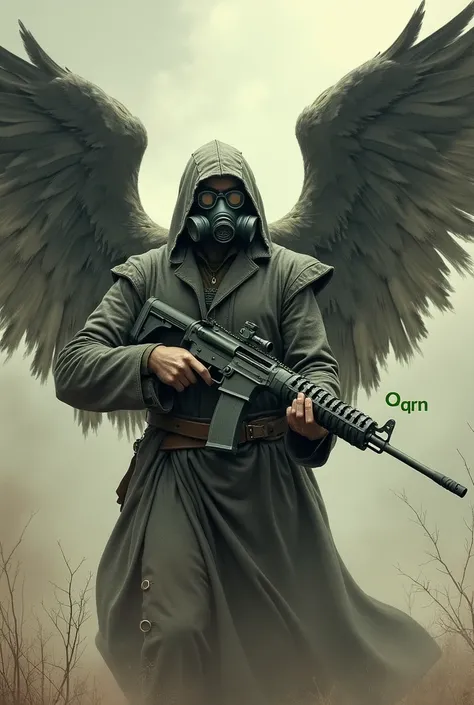 Morpheus from mythology with wings holding a rifle wearing a gas mask Highlight the word "QRTN" green Image in drawing realism