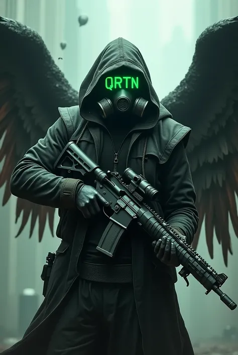 Morpheus from mythology with wings holding a rifle wearing a gas mask Highlight the word "QRTN" green on the vest