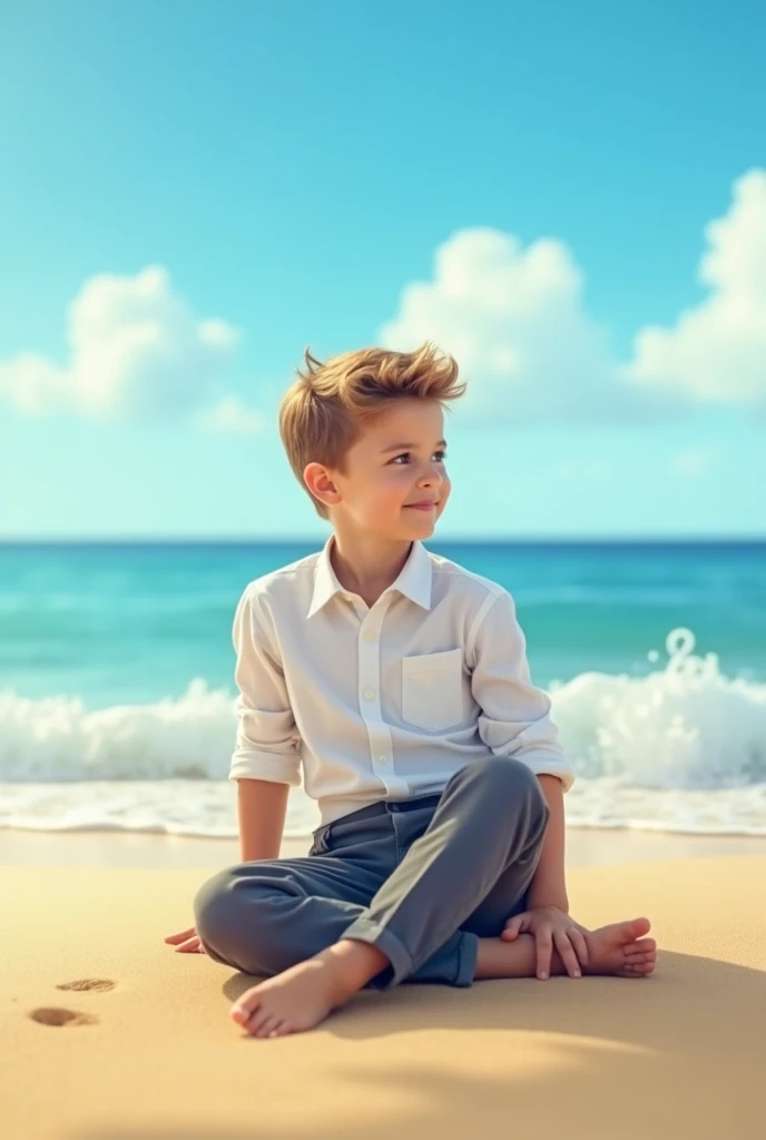 Stylish profile photo of a boy sitting on the beach