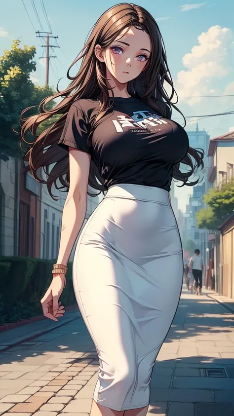 ((((masterpiece, best quality:1.8, high detail)))), beautiful woman, bright purple eyes, solo focus, (((large breasts))), long hair, ((brown hair)), hairpin, ((black t-shirt cropped)), ((white midi pencil ((skirt)))), (((long white skirt))), tight clothes,...