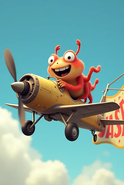 happy spider driving a plane with a banner hanged to planes tail