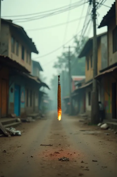 An empty Bangladeshi street,and there is falling a cigarette on the street.