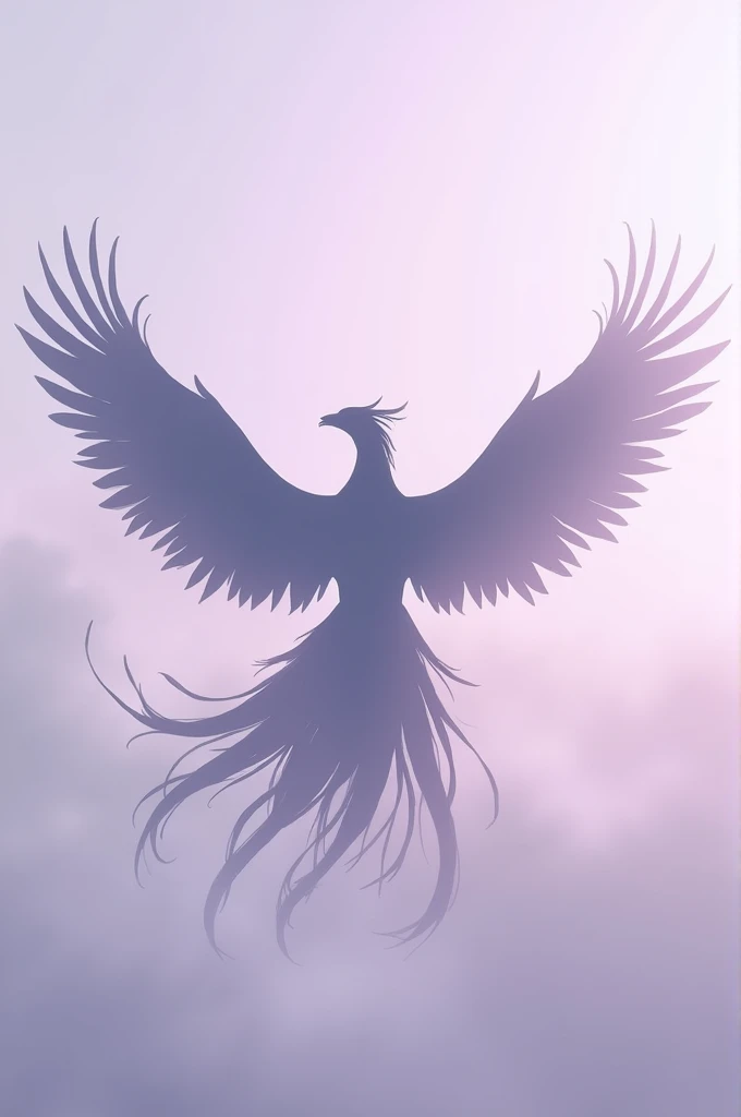 A pheonix bird silhouette completely gray and background of lavender shade flying towards top and wings spread wide 
