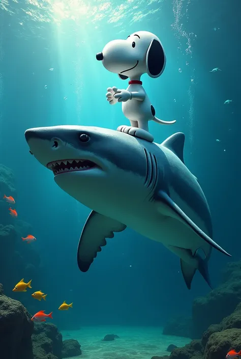 Snoopy rides a great white shark in the aquarium