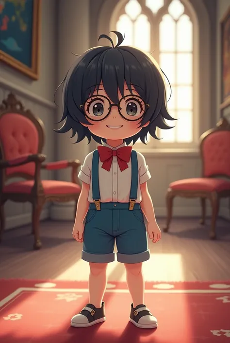 An anime child,,(((black hair))),short hair,red bow tie,glasses,blue clothes,shorts, in room of castle,smile,EdogawaConan,