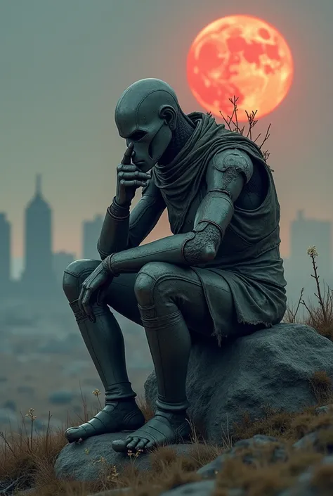 (Vision:1.8)，(Wide Angle:1.8)，wasteland，A very poor old mech sitting on a rock thinking，thinker，Hand on cheek，(Sitting:1.2)，rust，Wearing tattered armor，The skyline in the distance，Gothic，moss，(A small white flower)，(Cemetery)，Gothic教堂，(Blood red moon)，Goth...