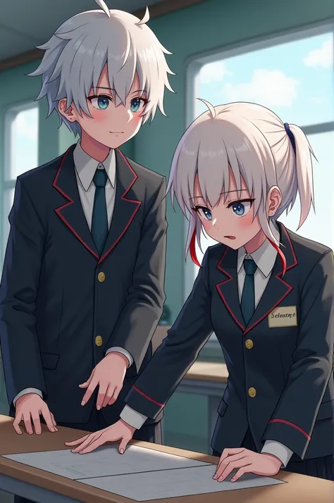 A white-haired girl with small locks of red hair, slightly pale skin, blue eyes, and the My Hero Academia uniform is standing next to Todoroki doing a task. 