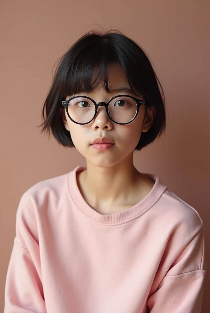  short hair, black round glasses and light pink sweatshirt