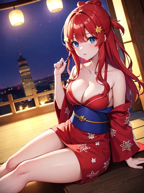 Photographed in the castle town at night,Photograph the whole body,Nakano May, Itsuki Nakano, Bangs, Blue eyes, Hair between the eyes, A single hair on top of the head, Red Hair,Star O (symbol), Hair Ornaments, Star Hair Ornament,Big Breasts,Cleavage,Red Y...