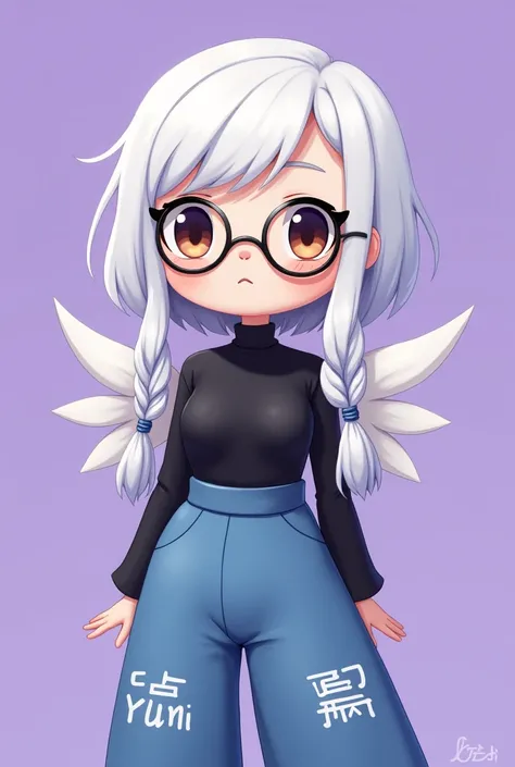 Cartoon style female character,with white hair with bangs parted in the middle with two braids one on each side , small round glasses,a black turtleneck blouse ,and angelic blue Free Fire style pants, written yumi on the lilac background 