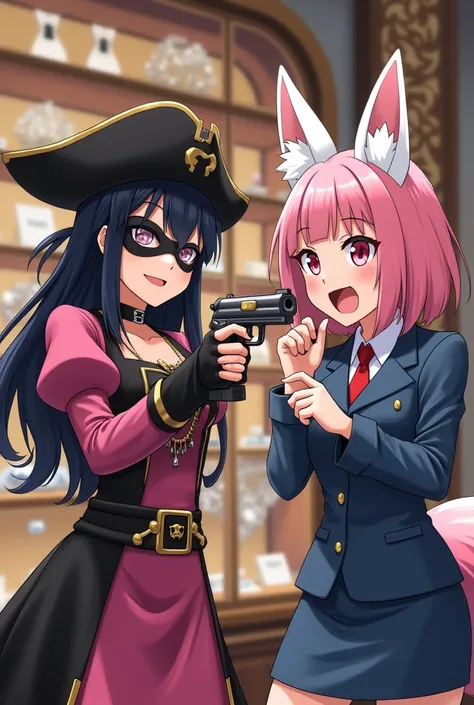 A picture of two close friends inside a beautiful and luxurious diamond shop 
A asian girl 20yo, long black hair bang, wear a pink & black pirate dress, wearing a half-face mask and pirate hat, She is using a fake antique pirate gun, threatening to rob the...