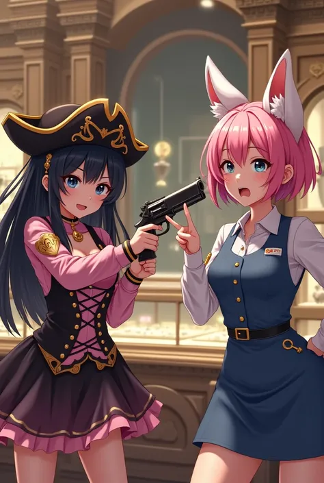 A picture of two close friends inside a beautiful and luxurious diamond shop 
A asian girl 20yo, long black hair bang, wear a pink & black pirate dress, wearing a half-face mask and pirate hat, She is using a fake antique pirate gun, threatening to rob the...