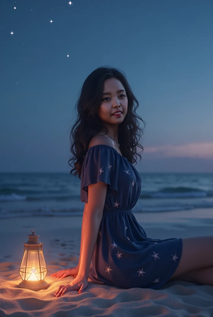 ((best quality)), ((masterpiece)), (detailed), ((Photorealistic:1.4)), 4K, highres, symmetrical, A young woman sits on a serene beach at dusk, gazing directly into the camera with a calm, thoughtful expression. Her dark, wavy hair cascades over her shoulde...