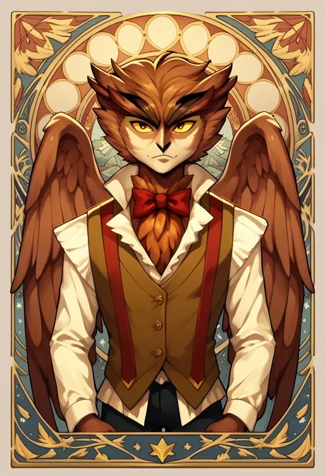 masterpiece, art nouveau, 1boy, herneval, solo, owl, feathered, wings, vest, yellow sclera, upper body, front view