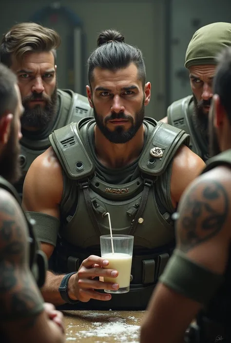  helldivers drinking milk, attractive male, small beard, chiseled jawline, gigachad 