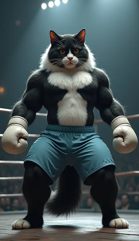 A colossal and muscular female Persian cat named Tica, with black and white fur patterns. She is wearing light blue shorts and white boxing gloves. Her body maintains a strong and defined structure, posed as if ready to fight. The scene is set in an MMA ar...