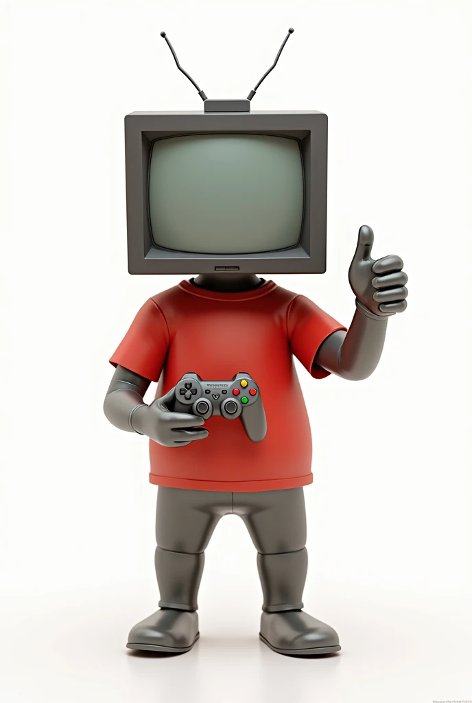 A man with a TV head and on the TV is passing a video game controller and he is wearing a red shirt looking forward on a white background giving a thumbs up