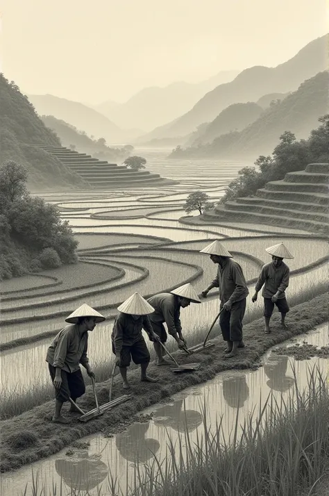 Drawing of Chinese farmers collectivizing land