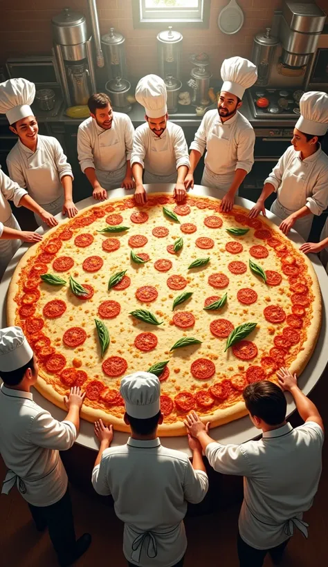 A lot of coocks are making a biggest pizza.