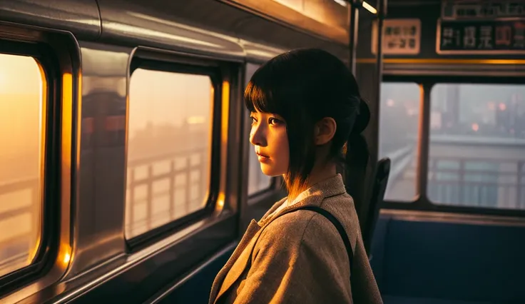 High image quality、Black Hair,train、Sunset、One girl、train内、Backwards