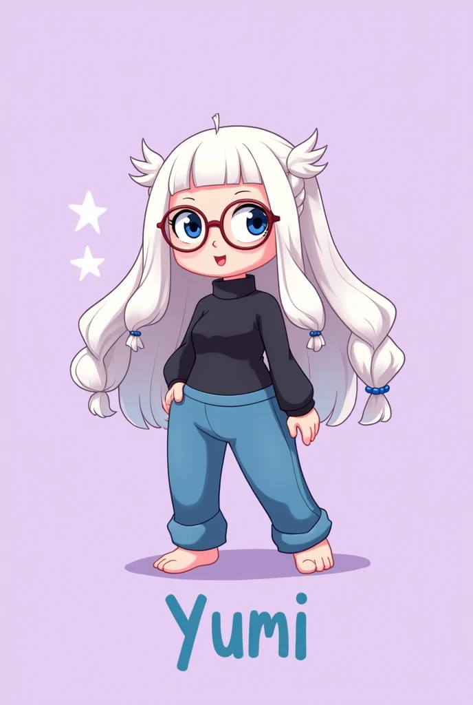 Cartoon style female character,with long white hair with two braids one part to each side , small round glasses,a black turtleneck blouse ,and angelic blue Free Fire style pants, written yumi on the lilac background 